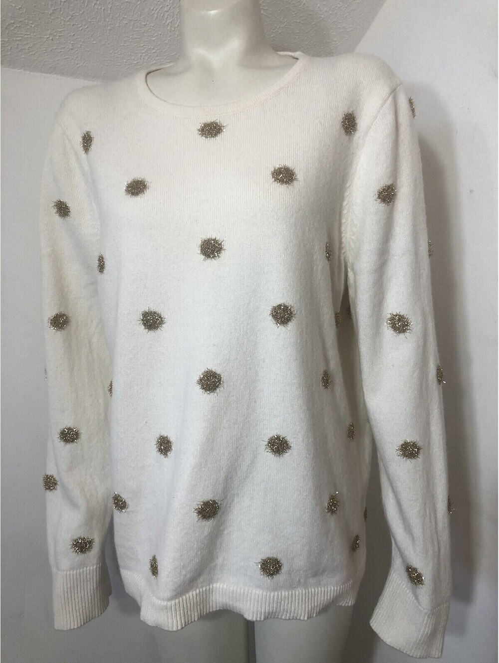 Talbots Wool Blend Sweater Womens XL Ivory Gold Polka Dot Crew Neck Long Sleeves